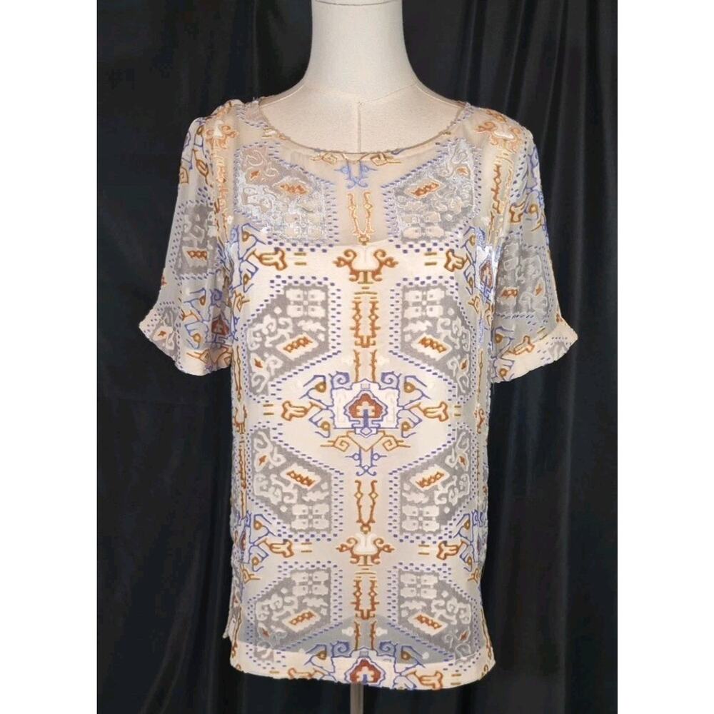 Sundance Sheer Lined Blue Brown Tribal Print Top XS